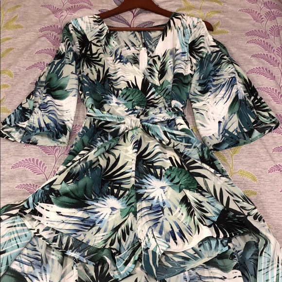 Mad For Love Pants - 🏆Tropical Maxi Romper Dress Slit Sleeve Keyhole M